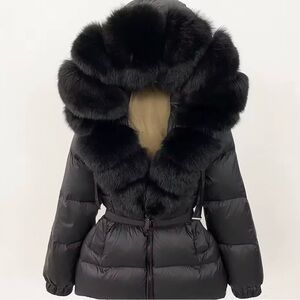 Black Oversized Real Fox Fur-Trimmed Puffer Jacket